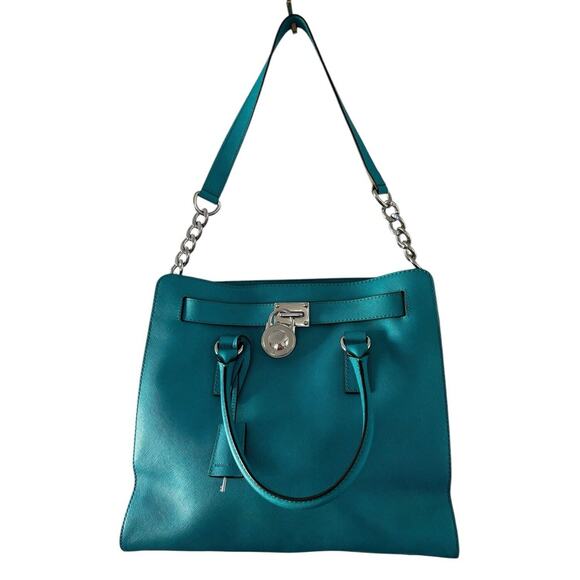 MICHAEL KORS Hamilton Large Saffiano Leather Green Turquoise Teal Handbag Purse - Picture 1 of 8
